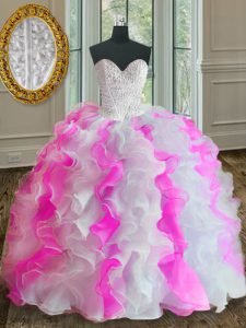 Deluxe Pink And White Sleeveless Beading and Ruffles Floor Length Sweet 16 Dresses