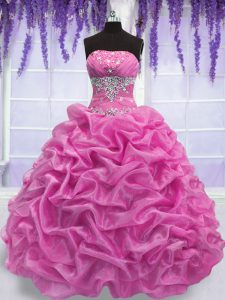 Flirting Rose Pink Lace Up Strapless Beading 15th Birthday Dress Organza Sleeveless