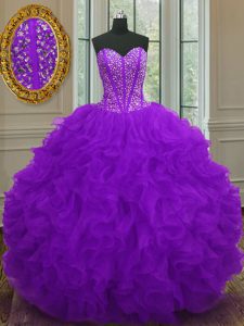 Purple Sleeveless Organza Lace Up Sweet 16 Dresses for Military Ball and Sweet 16 and Quinceanera