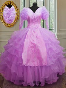 Nice Lilac V-neck Neckline Ruffled Layers Quinceanera Gowns Long Sleeves Zipper