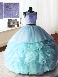 Baby Blue Zipper Scoop Beading and Lace and Ruffles Sweet 16 Quinceanera Dress Organza and Tulle and Lace Sleeveless Brush Train