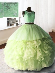 New Style Scoop Sleeveless Brush Train Zipper 15th Birthday Dress Yellow Green Organza and Tulle and Lace