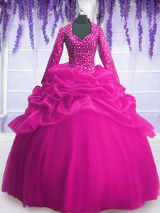 Sequins Pick Ups Fuchsia Long Sleeves Organza Zipper Sweet 16 Quinceanera Dress for Military Ball and Sweet 16 and Quinceanera