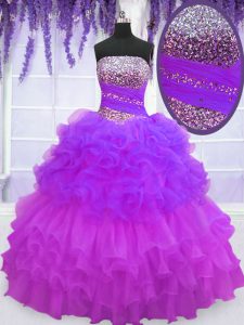 Multi-color Ball Gowns Strapless Sleeveless Organza Floor Length Lace Up Beading and Ruffled Layers and Pick Ups Vestidos de Quinceanera