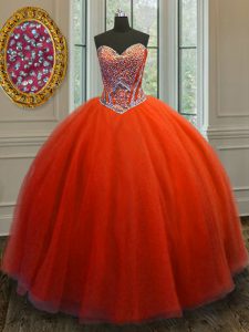 High End Red Ball Gowns Tulle Sweetheart Sleeveless Beading Floor Length Lace Up Sweet 16 Quinceanera Dress