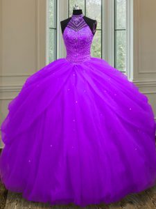 Halter Top Sleeveless Tulle Quinceanera Gowns Beading and Sequins Lace Up