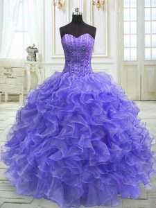 Floor Length Lace Up Sweet 16 Quinceanera Dress Purple for Military Ball and Sweet 16 and Quinceanera with Beading and Ruffles