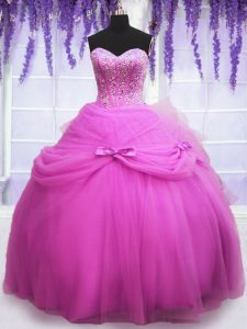 Lilac Tulle Lace Up Sweet 16 Dresses Sleeveless Floor Length Beading and Sequins and Bowknot
