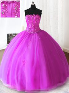Fuchsia Ball Gowns Strapless Sleeveless Tulle Floor Length Lace Up Beading and Appliques Quinceanera Gowns