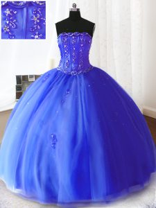 Royal Blue Lace Up Strapless Beading and Appliques Sweet 16 Quinceanera Dress Tulle Sleeveless