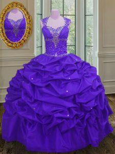 Glittering Straps Pick Ups Floor Length Ball Gowns Sleeveless Eggplant Purple Quince Ball Gowns Lace Up