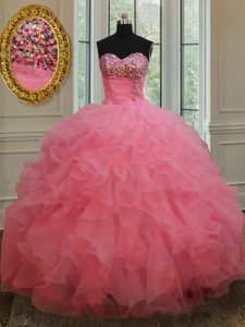 Rose Pink Sweetheart Lace Up Beading and Ruffles Sweet 16 Quinceanera Dress Sleeveless