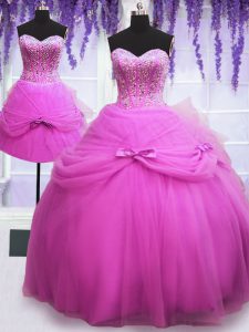Beauteous Three Piece Lilac Sleeveless Floor Length Beading and Bowknot Lace Up Quinceanera Gown