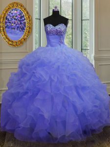 Stylish Organza Sweetheart Sleeveless Lace Up Beading and Ruffles Quinceanera Dresses in Purple