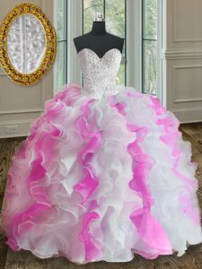 White and Pink Organza Lace Up Sweetheart Sleeveless Floor Length Quinceanera Dress Beading and Ruffles