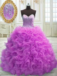 Lilac Ball Gowns Beading and Ruffles Ball Gown Prom Dress Lace Up Organza Sleeveless