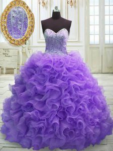 Stylish Purple Quinceanera Gown Organza Sweep Train Sleeveless Beading and Ruffles
