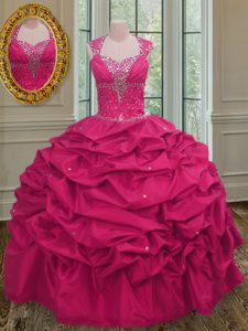 High Class Hot Pink Ball Gowns Taffeta Straps Sleeveless Beading and Pick Ups Floor Length Lace Up Sweet 16 Dress