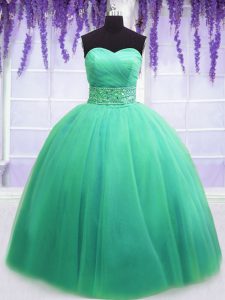 Luxury Turquoise Tulle Lace Up Quinceanera Dresses Sleeveless Floor Length Beading and Belt