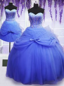 Chic Three Piece Blue Sleeveless Floor Length Beading and Bowknot Lace Up Sweet 16 Dress
