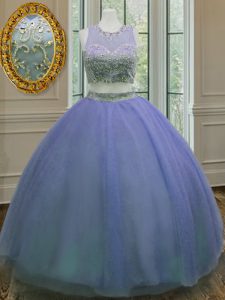 Elegant Ruffled Two Pieces Sweet 16 Dress Lavender Scoop Tulle Sleeveless Floor Length Zipper