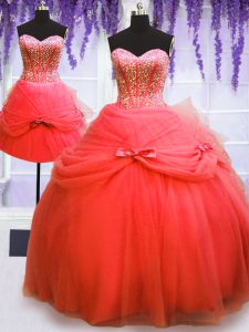 Amazing Three Piece Sleeveless Lace Up Floor Length Beading and Bowknot Quince Ball Gowns