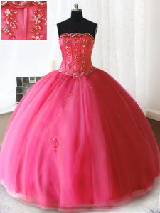 Delicate Hot Pink Lace Up Strapless Beading and Appliques 15th Birthday Dress Tulle Sleeveless