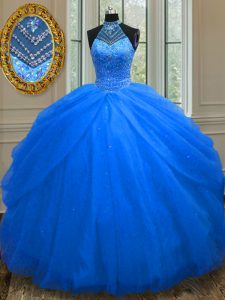 Admirable Halter Top Royal Blue Ball Gowns Beading Vestidos de Quinceanera Lace Up Tulle Sleeveless Floor Length
