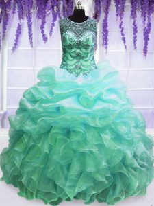 Fantastic Scoop Turquoise Sleeveless Floor Length Beading and Pick Ups Lace Up Quinceanera Dresses