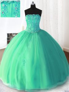 Beading and Appliques Quinceanera Dresses Turquoise Lace Up Sleeveless Floor Length