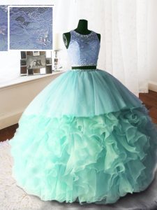 Excellent Scoop Sleeveless Sweet 16 Dresses With Brush Train Beading and Lace and Ruffles Apple Green Organza and Tulle and Lace