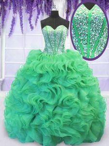 Best Selling Organza Sweetheart Sleeveless Brush Train Lace Up Beading and Ruffles Sweet 16 Dresses in Turquoise