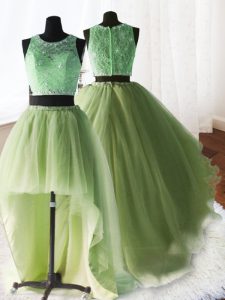 Elegant Three Piece Scoop Sleeveless Quinceanera Gowns With Brush Train Beading and Lace and Ruffles Yellow Green Organza and Tulle and Lace