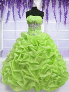 Yellow Green Ball Gowns Beading and Pick Ups Quinceanera Dresses Lace Up Organza Sleeveless Floor Length