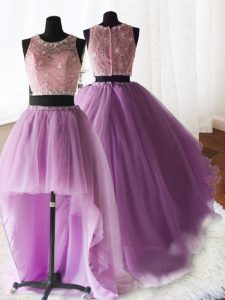 On Sale Three Piece Scoop Sleeveless Organza and Tulle and Lace Quinceanera Gowns Beading and Lace and Ruffles Brush Train Zipper