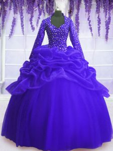 Amazing Royal Blue Quince Ball Gowns Military Ball and Sweet 16 and Quinceanera and For with Sequins and Pick Ups V-neck Long Sleeves Zipper