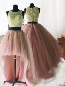 Three Piece Baby Pink Zipper Scoop Beading and Lace and Ruffles Sweet 16 Dresses Organza and Tulle and Lace Sleeveless Brush Train