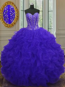 Low Price Organza Sweetheart Sleeveless Zipper Beading and Ruffles Quince Ball Gowns in Blue