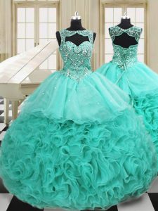 Amazing Scoop Apple Green Organza Lace Up 15th Birthday Dress Sleeveless Court Train Beading and Ruffles