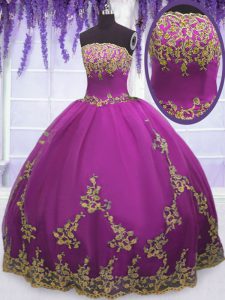 Custom Designed Fuchsia Zipper Strapless Appliques Quince Ball Gowns Tulle Sleeveless