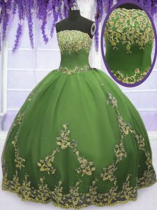 Floor Length Olive Green Quince Ball Gowns Tulle Sleeveless Appliques