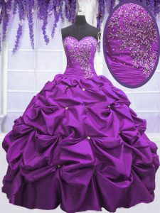 Purple Ball Gowns Sweetheart Sleeveless Taffeta Floor Length Lace Up Appliques and Pick Ups Quince Ball Gowns