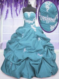 Amazing Appliques and Pick Ups Sweet 16 Dresses Teal Lace Up Sleeveless Floor Length