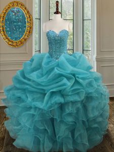 Top Selling Aqua Blue Ball Gowns Beading and Ruffles Ball Gown Prom Dress Lace Up Organza Sleeveless Floor Length