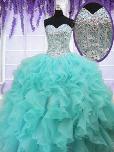 Classical Sequins Sweetheart Sleeveless Lace Up Quince Ball Gowns Aqua Blue Organza