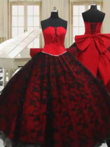 Red 15th Birthday Dress Military Ball and Sweet 16 and Quinceanera and For with Beading and Bowknot Strapless Sleeveless Lace Up