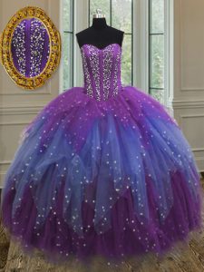 Multi-color Sweetheart Lace Up Beading and Ruffles and Sequins Sweet 16 Dress Sleeveless