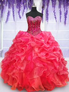 Sweetheart Sleeveless Quinceanera Gown Floor Length Beading and Appliques and Ruffled Layers Red Organza