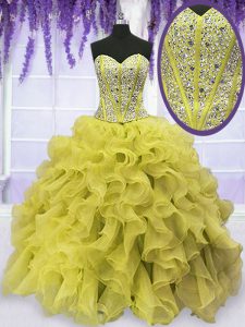 Wonderful Gold Ball Gowns Sweetheart Sleeveless Organza Floor Length Lace Up Beading and Ruffles Ball Gown Prom Dress