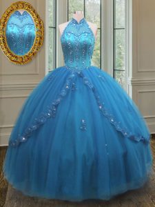 Fashionable Floor Length Blue Sweet 16 Quinceanera Dress High-neck Sleeveless Lace Up